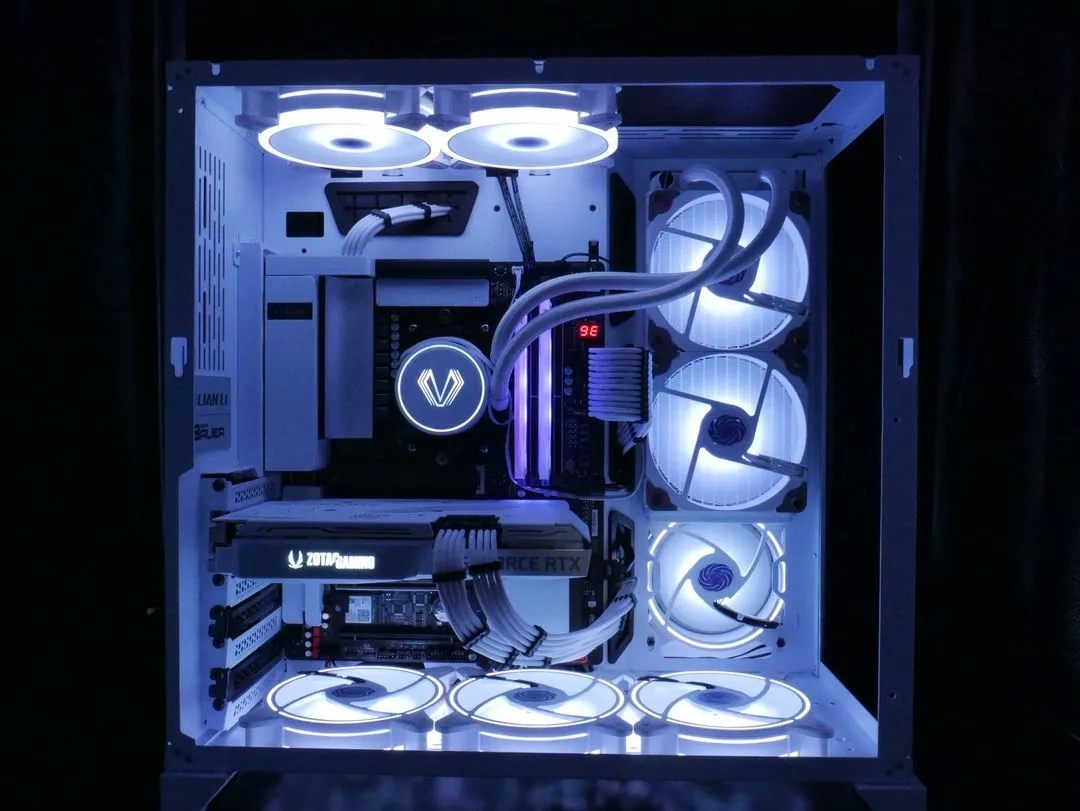 Front view of a completed white Bottomline Thermals gaming PC